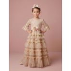 Ciliegia Dolls Kız Çocuk Dantelli Ispanyol Kol Uzun Abiye Elbise - Saten ve Kat Kat Tüllü Prenses Gelinlik Doğum Günü Kıyafeti - Bej - 6 Yaş