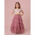 Ciliegia Dolls Kız Çocuk Dantelli Kısa Kol Uzun Abiye Elbise - Saten ve Kat Kat Tüllü Prenses Gelinlik Doğum Günü Kıyafeti - Pembe - 6 Yaş