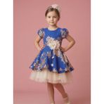 Ciliegia Dolls Kız Çocuk Mavi Gold Jakarlı Ay Kol Abiye Elbise - Arkası Kuşaklı Renkli Tüllü Prenses Model Elbisesi - Bej - 4 Yaş