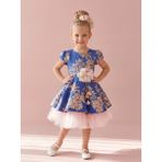 Ciliegia Dolls Kız Çocuk Mavi Gold Jakarlı Ay Kol Abiye Elbise - Arkası Kuşaklı Renkli Tüllü Prenses Model Elbisesi - Pembe - 5 Yaş
