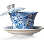 Çin Ejderhası Gaiwan Mavi Sancai Çay Kasesi Seti, 100 ml Porselen Fincan ve Tabak