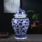 Çin Seramik Retro Kavanoz Mavi ve Beyaz Çin Tarzı Çiçekli Zencefil Kavanoz Vazo Çin Geleneksel Antika Porselen Vazo, B-w24xh46cm,B-w24xh46cm