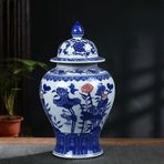 Çin Seramik Retro Kavanoz Mavi ve Beyaz Çin Tarzı Çiçekli Zencefil Kavanoz Vazo Çin Geleneksel Antika Porselen Vazo, K-w20xh37cm,K-w20xh37cm