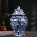 Çin Seramik Retro Kavanoz Mavi ve Beyaz Çin Tarzı Çiçekli Zencefil Kavanoz Vazo Çin Geleneksel Antika Porselen Vazo, M-w22xh37cm,M-w22xh37cm