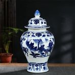 Çin Seramik Retro Kavanoz Mavi ve Beyaz Çin Tarzı Çiçekli Zencefil Kavanoz Vazo Çin Geleneksel Antika Porselen Vazo,U-g20xy37cm,L-w20xh37cm