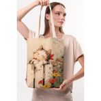 Çınar Bez Çanta Çınar Kanvas Huzurlu Kedi Baskılı Bez Çanta 35 x 40 x 8 cm Bej Malzemeden Üretilmiştir