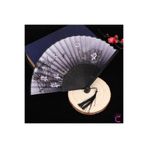 Cinderella Accessories Vintage Japon Tarzı Çiçek Desenli Bambu Yelpaze Siyah - Yumuşak Kumaş Püsküllü Ahşap El Yelpazesi