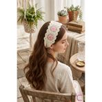 Cinderella Bohem Pembe Çiçekli Yarım Tarz Bandana Saç Bandı - Yazlık Delikli El Örgüsü File Örme Saç Bandanası