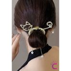 Cinderella Kedi Tasarım İncili Taşlı Rhine-Stone Yaylı Topuz Tokası Metal Gold - Sallantılı Saç Topuz Toka