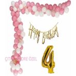 Çıtı Pıtı Store Lüks Pembe Beyaz Doğum Günü Balon Zincir Seti - Beyaz - Pembe - 4