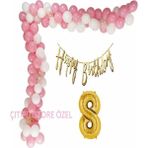 Çıtı Pıtı Store Lüks Pembe Beyaz Doğum Günü Balon Zincir Seti - Beyaz - Pembe - 8