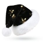 CITÉTOILE Yetişkinler için Siyah Noel Şapkası, Deluxe Kadife Noel Baba Şapkası, Yumuşak Astarlı Pelüş Kenarlı Noel Baba Noel Baba Şapkası, Altın Payetli Kar Tanesi, Erkekler Kadınlar için