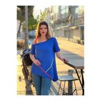 Citycenterfashion Büyük Beden Neon Biyeli Yayık Yaka Omuz Dekolteli Asimetrik Tunik Bluz, M, Cty-Xyn-7122, Saks, Kadın