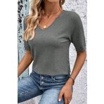 citystyle Yazlık Bluz V Yaka Likralı Kısa Kollu Triko Gri Bluz
