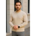 Civetta Erkek Bisiklet Yuvarlak Yaka Triko Kazak Pamuklu Kalın Fitilli Dokuma, Regular Fit Uzun Kollu Kışlık Model - Bej