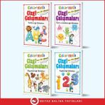 Çiz, Sil Yapıştır Çıkartmalı Çizgi Çalışmaları Seti – 4 Kitap – Kalem Hediyeli