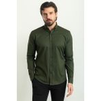 Çizgi Desenli Haki Rengi Slim Fit Uzun Kollu Erkek Gömlek - Koyu Haki