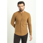 Çizgi Desenli Kamel Rengi Slim Fit Hakim Yaka Uzun Kollu Erkek Gömlek