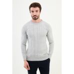 Çizgili Açık Gri Slim Fit Bisiklet Yaka Erkek Triko Kazak - 2XL