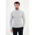 Çizgili Açık Gri Slim Fit Yarım Balıkçı Yaka Erkek Triko Kazak