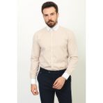 Çizgili Bej Rengi Slim Fit Bebe Yaka Klasik Erkek Gömlek - Bej - Beyaz