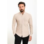 Çizgili Bej Slim Fit Erkek Gömlek - 2XL
