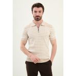 Çizgili Bej Slim Fit Fermuarlı Polo Yaka Erkek Triko T-Shirt - 2XL