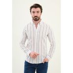 Çizgili Bej Slim Fit Keten Erkek Gömlek - XL - Beyaz - Bej
