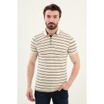Çizgili Bej Slim Fit Polo Yaka Erkek T-Shirt - Ekru - Bej - 2XL