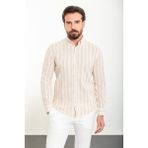Çizgili Bej Slim Fit Uzun Kollu Keten Erkek Gömlek - Ekru - Bej