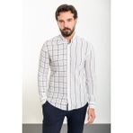 Çizgili Bej Slim Fit Uzun Kollu Keten Erkek Gömlek - XL - Beyaz - Bej