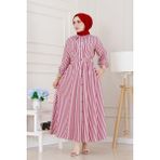 Çizgili Cepli Tesettür Elbise-Bordo - 44
