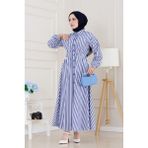 Çizgili Cepli Tesettür Elbise-Lacivert - 46
