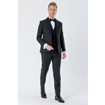 Çizgili Çıkarılabilir Şal Yaka Yelekli 6 Drop Slim Fit Smokin Damatlık Takım 1001230212 Siyah