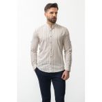 Cizgili Ekru Haki Slim Fit Hakim Yaka Erkek Gömlek - Ekru - Haki