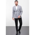 Çizgili Gri Renk Slim Fit Geniş Yaka Kruvaze Erkek Ceket - 56
