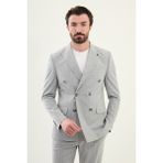 Çizgili Gri Slim Fit Geniş Yaka Kruvaze Erkek Takım Elbise - 50 - 6 Drop