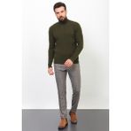 Çizgili Haki Rengi Slim Fit Yarım Balıkçı Yaka Yün Erkek Kazak - 2XL