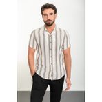Çizgili Haki Slim Fit Apaç Yaka Kısa Kollu Erkek Gömlek - 2XL - Ekru - Haki