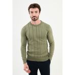 Çizgili Haki Slim Fit Bisiklet Yaka Erkek Triko Kazak - 2XL