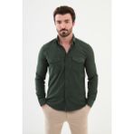 Çizgili Haki Slim Fit Kadife Erkek Gömlek