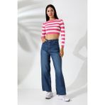 Çizgili Kadın Triko Pembe Crop Kazak - Standart