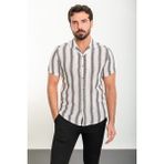 Çizgili Kahverengi Slim Fit Apaç Yaka Kısa Kollu Erkek Gömlek - XL - Ekru - Kahve