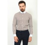 Çizgili Kahverengi Slim Fit Bebe Yaka Klasik Erkek Gömlek - 2XL - Kahve - Beyaz
