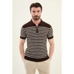 Çizgili Kahverengi Slim Fit Fermuarlı Polo Yaka Erkek Triko T-Shirt