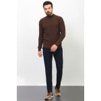 Çizgili Kahverengi Slim Fit Yarım Balıkçı Yaka Yün Erkek Kazak