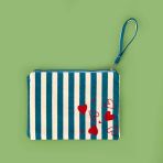 Çizgili Kalp Detaylı Kozmetik Çantası - Mavi / Bej - 16X25 Cm