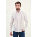 Çizgili Kamel Rengi Slim Fit Keten Erkek Gömlek - 2XL - Beyaz - Camel