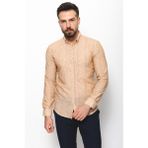 Çizgili Kamel Rengi Slim Fit Keten Erkek Gömlek - XL
