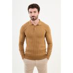 Çizgili Kamel Rengi Slim Fit Polo Yaka Erkek Triko Kazak - XL